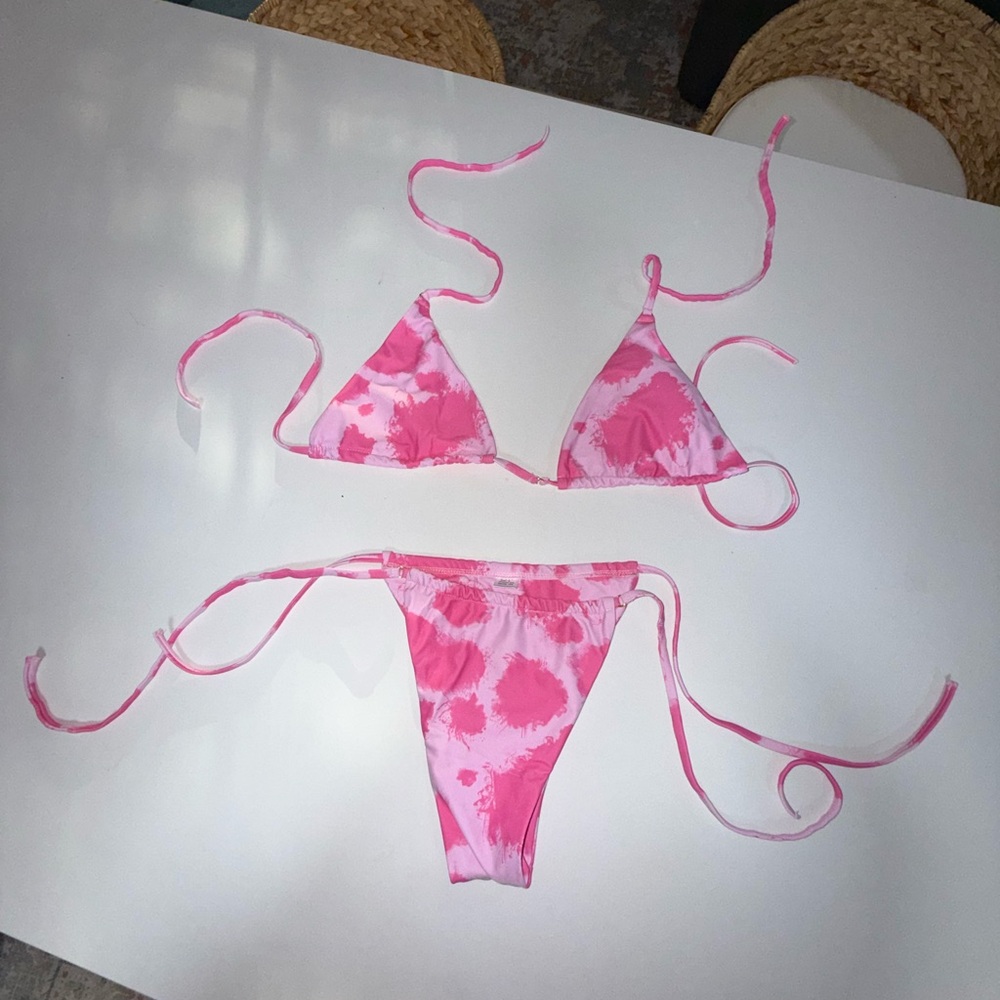 Pink Tie-Dye / Cow Print Brazilian Bikini – Size L (Adjustable)
